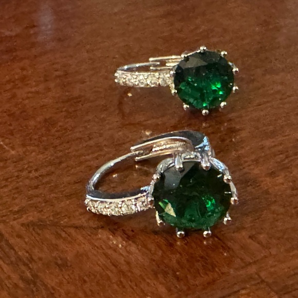 Emerald Green Color Round Zirconia Cz,  Luxury, Glam Earrings - Picture 2 of 6